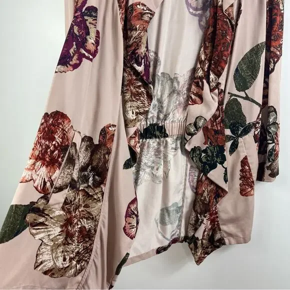 Romantic Pink Floral Ruffle Chico's Open Front Cinched Back Jacket Small Spring - Picture 4 of 12